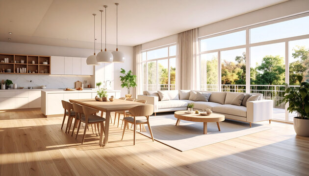 Modern open-plan living room and kitchen with large windows and light wood tones