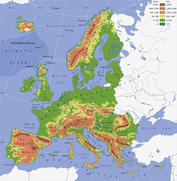 Vector physical world map with geography landscape of europe. Fragment of european region with
rivers, seas, mountains of italy, great britain, ireland,
balkan, iberian and scandinavia peninsula.