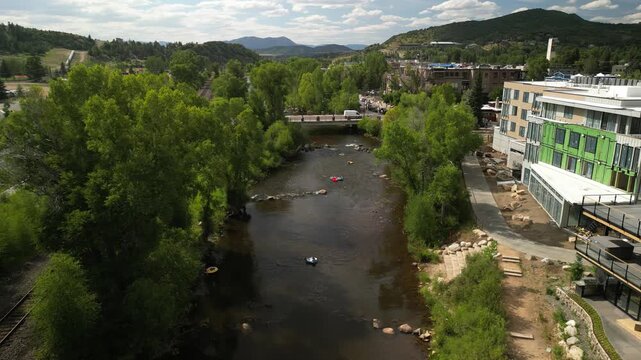 Aerial of people tubing the Yampa River in Steamboat Springs Colorado in summer
