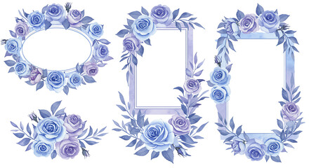 Elegant blue floral wreath and frames with delicate leaves