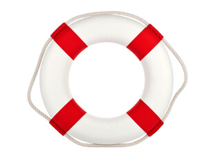 A life buoy, detailed and ready for deployment, isolated on a white background, for water safety.