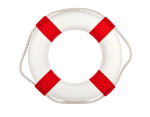 A life buoy, detailed and ready for deployment, isolated on a white background, for water safety.