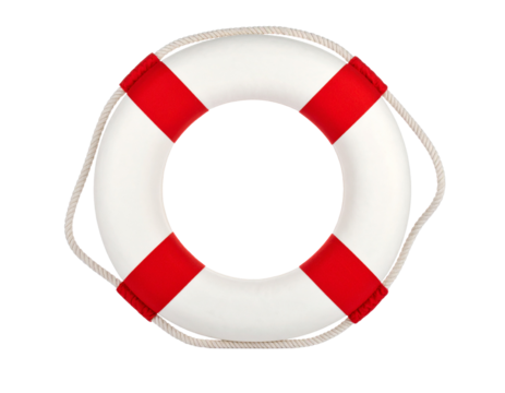A life buoy, detailed and ready for deployment, isolated on a white background, for water safety.