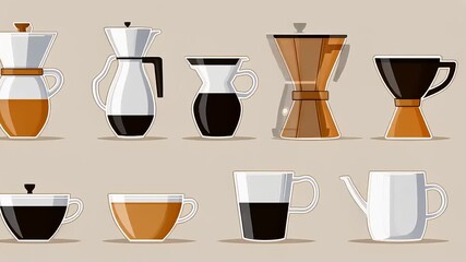 Various coffee brewing methods and vessels illustrated in modern, clean design