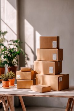 Several cardboard packages are neatly stacked on a wooden table in a sunny room. Potted plants add a touch of greenery, creating a warm and inviting atmosphere