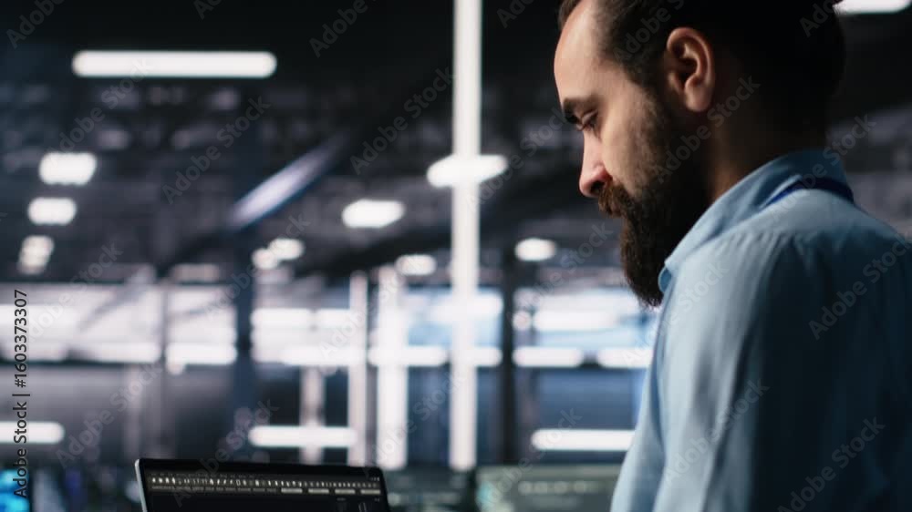 Poster data center programmer using laptop to monitor neural network using ai llm chatbot. worker using art