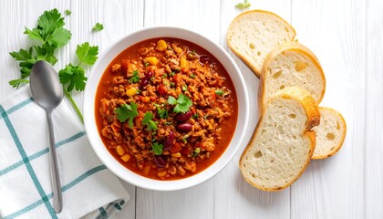 Chili with bread on a white wooden table