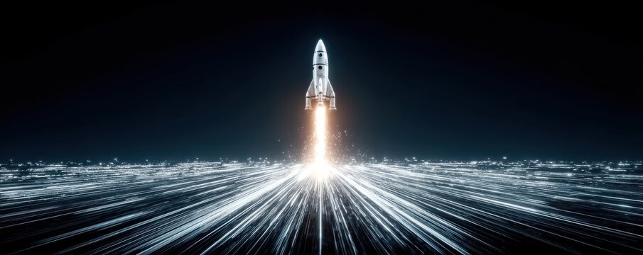 Futuristic rocket launching with glowing lights and dynamic lines into space