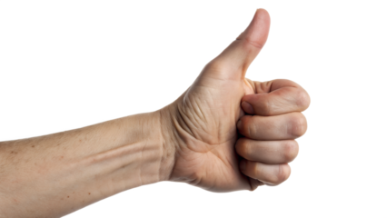 Fair-skinned human hand with visible veins giving a positive thumbs-up gesture on transparent  background 