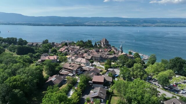 Aerial view of Yvoire on Lake Geneva with medieval ramparts Most beautiful villages of France