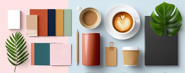 Elegant arrangement of stationery and coffee on a bright workspace desk