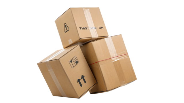 Three Stacked Cardboard Boxes Appearing Precariously Balanced on a transparent Background