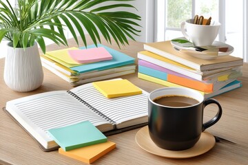 Organized workspace with notebook, coffee mug, and colorful sticky notes