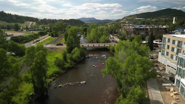 Aerial of tubers in Yampa River in Steamboat Springs Colorado in summer