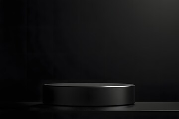 "High-resolution black podium isolated on black background - ultra-minimalist mockup for luxury product presentations and displays."

