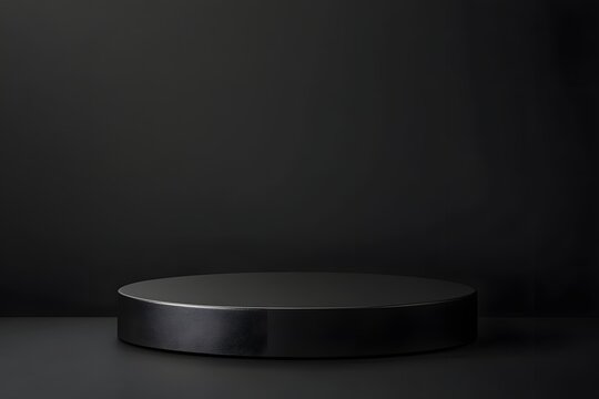 "Glossy black podium on dark background - minimalist product stage mockup for elegant commercial presentations."


