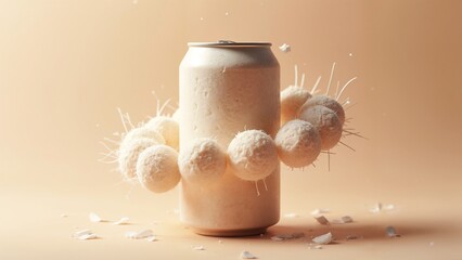 A can of beer with a bunch of white balls coming out of it.