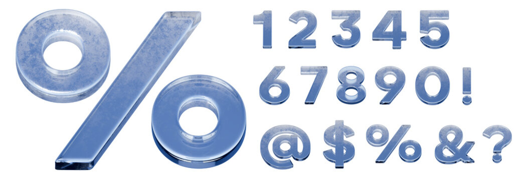 Ice or Glass Block Numbers and Characters on a Transparent Background. Transparent PNG.
