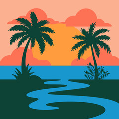 Fototapeta premium Tropical Paradise Sunset Illustration with Palm Trees and River for Calm Vacation Vibes and Summer Holidays