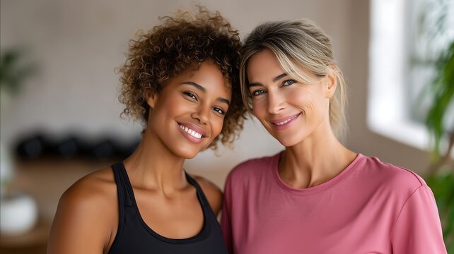 a female personal trainer coaching a woman in a cozy home gym both women smiling and working together minimal modern home interior workout equipment in the backgroun - Powered by Adobe