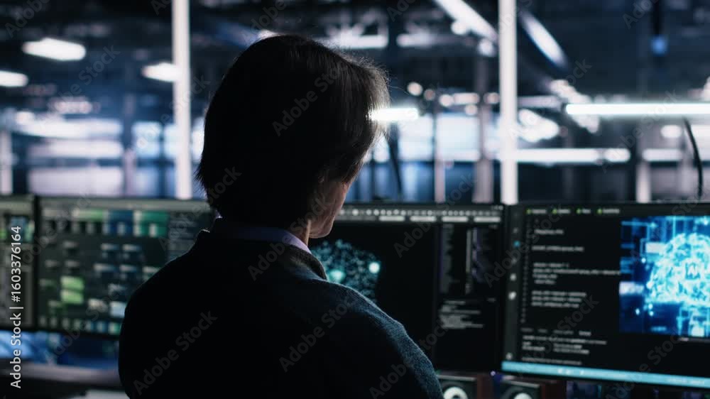 Poster data center engineer using computer to monitor neural network ai llm visualization. it professional 