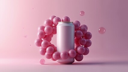 A can of soda surrounded by pink balloons on a pink background.
