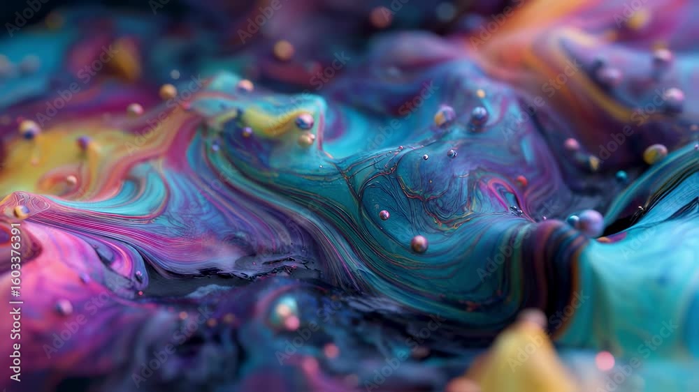 Poster fluid dynamics simulation showcasing colorful paint mixing and flowing, creating a mesmerizing abstr