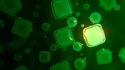 Phase-contrast microscopy of Halobacterium salinarum,
square-shaped archaea in saturated salt solution,
gas vesicles refracting light.
