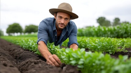 Joyful farmer in Southeast Asia tending to a vegetable garden under the clear blue sky capturing the satisfaction and joy of farming realistic photo, high resolution , Minimalism,