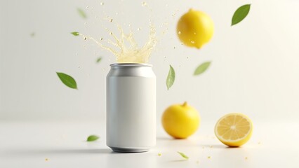 A can of soda with a splash of water coming out of it.