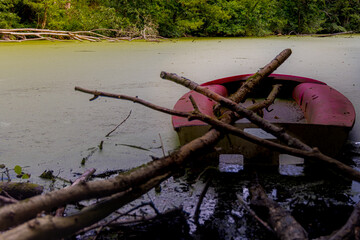 Mysterious red boat stuck among fallen branches in a still, green-covered swamp – evoking themes...
