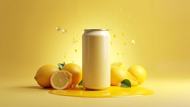 A can of lemonade surrounded by lemons on a yellow background. - Powered by Adobe
