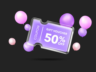 Transparency glassmorphism gift voucher discount coupon For business promotion sales and Discount online purchases. Tag label, sale banner. 3d rendering.