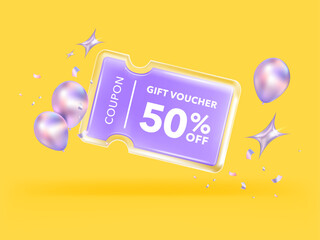 Transparency glassmorphism gift voucher discount coupon For business promotion sales and Discount online purchases. Tag label, sale banner. 3d rendering.
