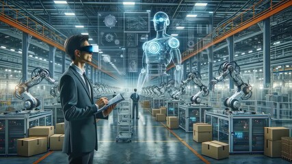 Professional in virtual reality headset interacts with holographic humanoid robot in advanced automated warehouse with robotic arms and digital interfaces - Powered by Adobe