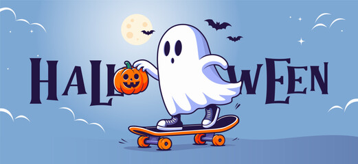 Halloween background design illustration. Happy Halloween party greeting card. Halloween banner, card, flyer template. Holiday cartoon character. Halloween Promotion Poster. Spooky invitation card