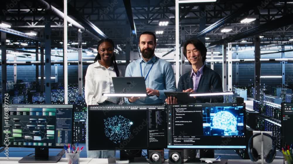 Poster portrait of smiling engineers in data center code with generative ai assistance. happy it experts do