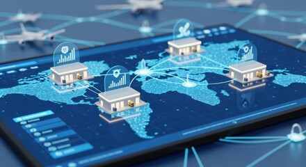 Conceptual illustration of cloudbased warehouse management system syncing multiple distribution nodes for global logistics.