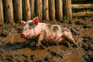 Dirty Piglet Playing in Mud on Rustic Farmyard