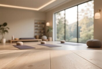 Fototapeta premium Neutral wooden surface with blurred luxury yoga studio background, tabletop photography for wellness branding and mindful lifestyle visuals