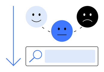 Three faces represent happiness, neutrality, and sadness connected above a search bar with a downward arrow. Ideal for user feedback, surveys, reviews, data analysis, sentiment tracking, customer