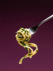 Creamy spinach fettuccine on twisted fork, dark plum background, luxurious pasta image for Italian food branding
