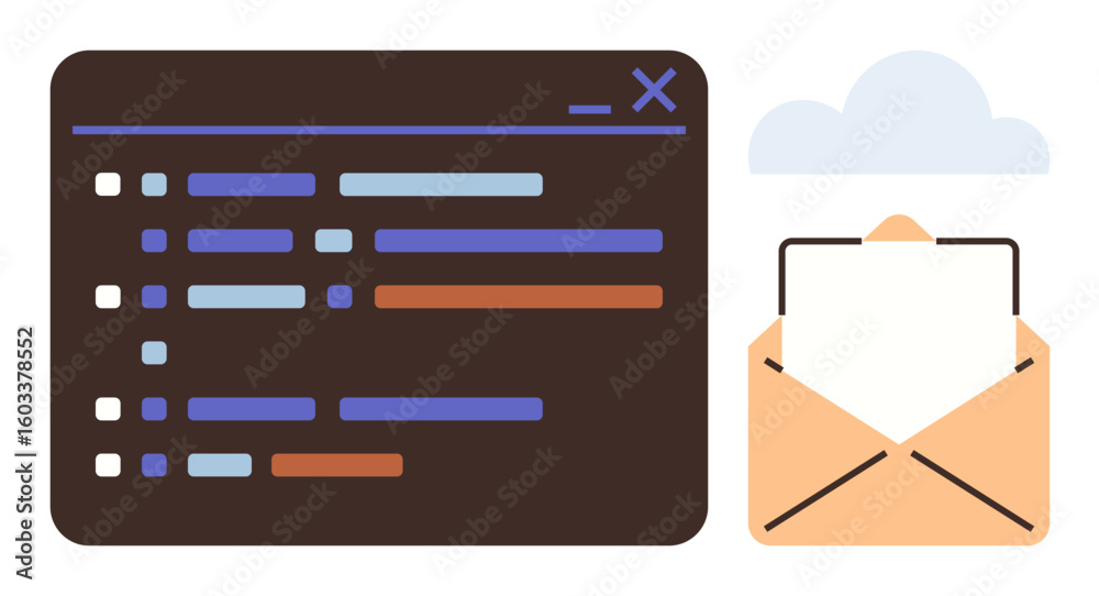Poster coding interface window with colorful lines, open envelope containing a paper sheet under cloud. ide