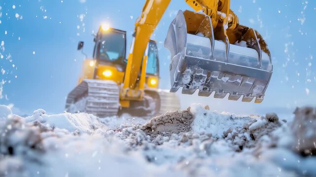 Yellow tracked excavator removing snow and dirt during winter construction operation. Snowflakes falling, machine working in cold conditions with heavy-duty bucket