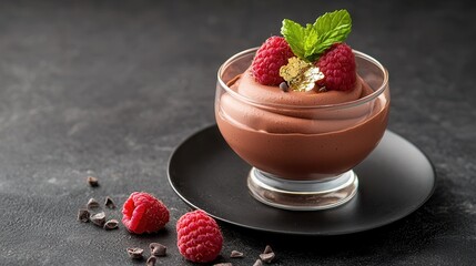Silky chocolate mousse dessert with raspberries and Gold Leaf topping