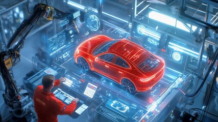 Engineer in red uniform analyzing wireframe car model on holographic interface. Futuristic automotive design laboratory with robotic arms and digital screens. - Powered by Adobe