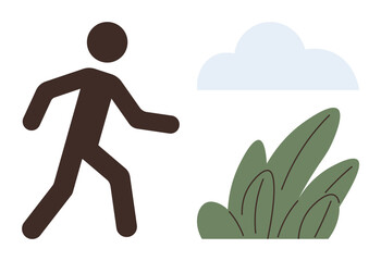 Person walking beside green plants under a simple cloud. Ideal for nature, outdoor activity, exploration, simplicity, minimalism, journey, relaxation. Modern art with a simple flat metaphor