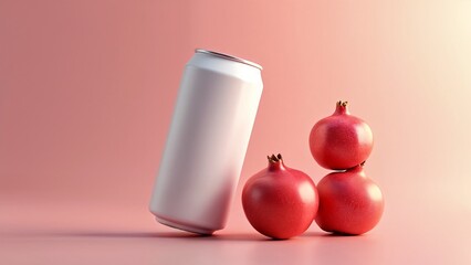 A can of soda next to three pomegranates on a pink background.
