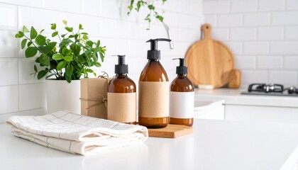 Obraz premium Amber glass bottles with black pumps and kraft paper labels on wooden board with plant and folded towel