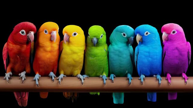 Seven vibrant parrots sitting uniformly on wooden branch against black background. Each parrot represents different color spectrum from red to purple.